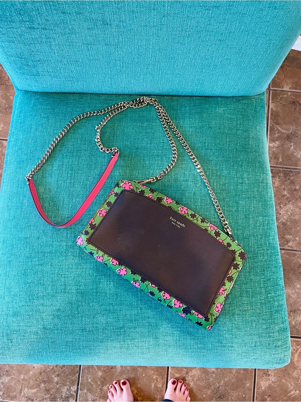 Kate Spade  Black Leather Crossbody with Green and Pink Floral Trim